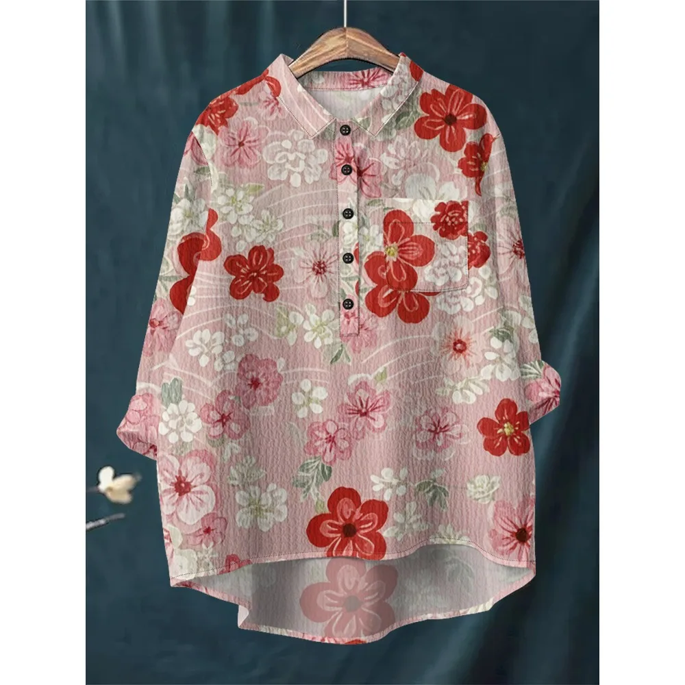 ヴィンテージトロピカルスタイルブラウス モンステラプリント長袖シャツ ヴィンテージレディースルーズ長袖ハーフボタンバブルクレープトップ