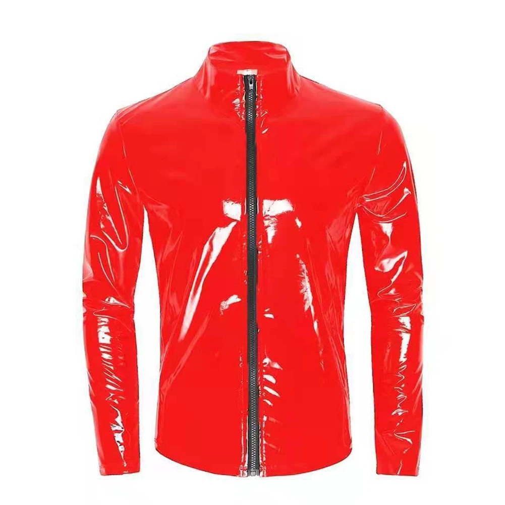 Mens Jacket Lingerie Wetlook Shiny Leather Bodysuit Jumpsuit Tops Underwear Nightclub Zip Up Stage Clothing