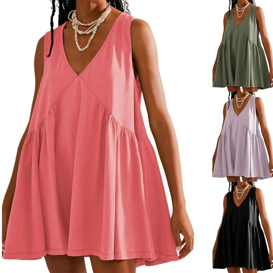 

【New style】 new women's clothing - European and American summer casual V-neck sleeveless vest loose dress