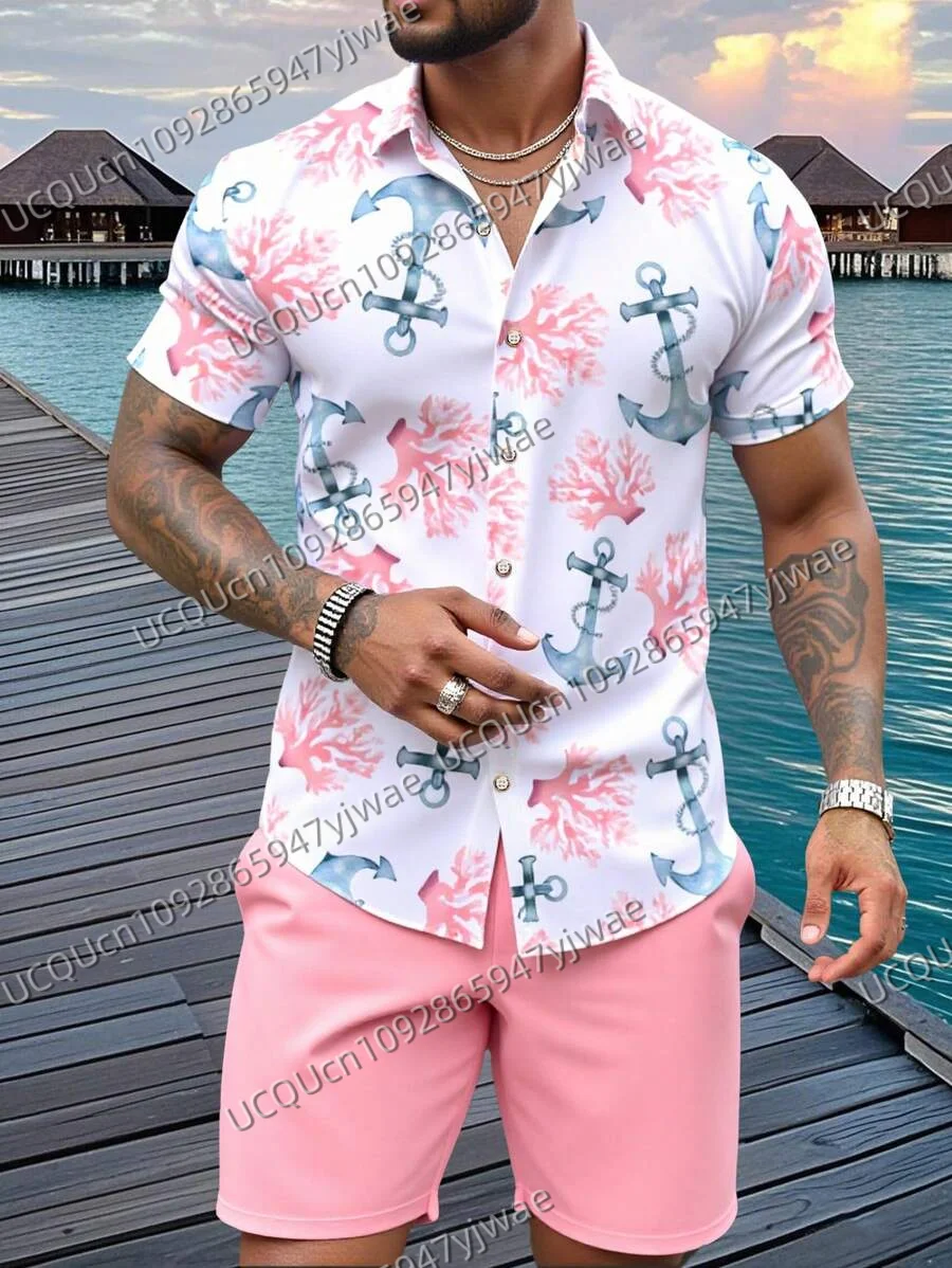 

Summer Hawaiian Anchor & Coral Print Men's Short Sleeved Women's Blouses Beach Shirt +Shorts Button Shirt Set Men Clothes