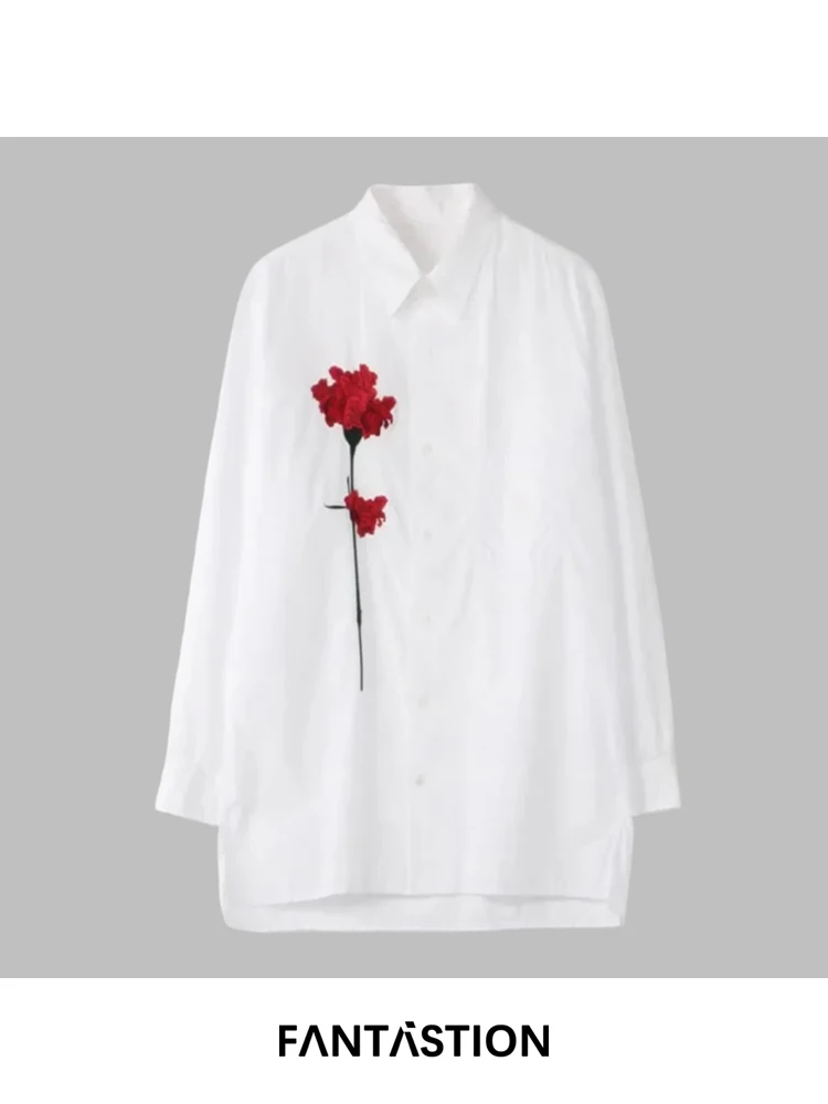 

FANTASTION Original carnation Flower embroidered shirts unisex long-sleeve white shirt casual original design daily shirts tops