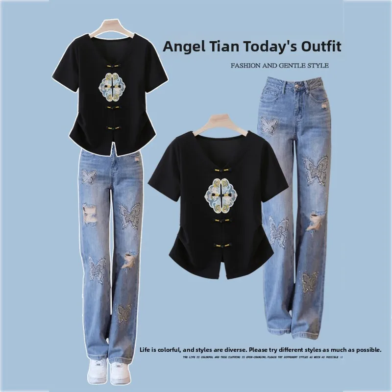 

New Faionable ort Sve Chinese Sle Top And Jeans Women's Two-Piece Set Anti-Aging Wide Leg Denim Pants Hole Design