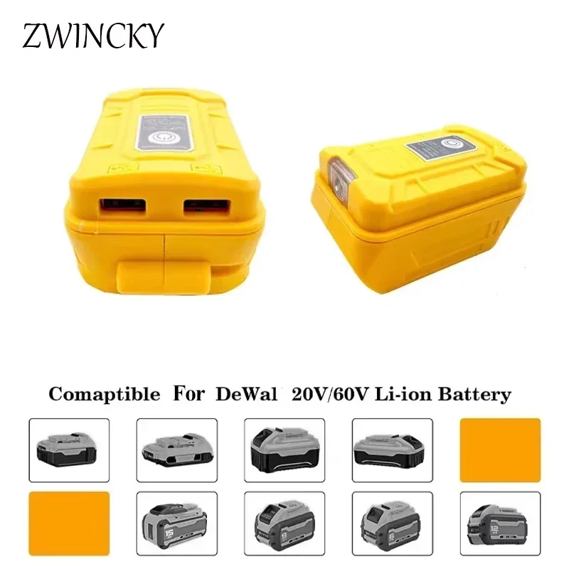 Replace for Dewal 18V 20V Battery USB Adapter Charger Battery Adapter with LED Work Light Dual USB Port Power Source Charger