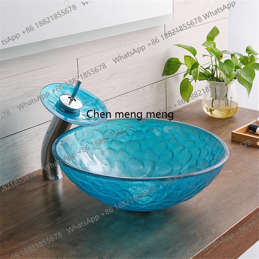Bathroom Washbasin Countertop Tempered Glass Basin round wash basin Waterfall Faucet Washroom Washbasin Faucet Set