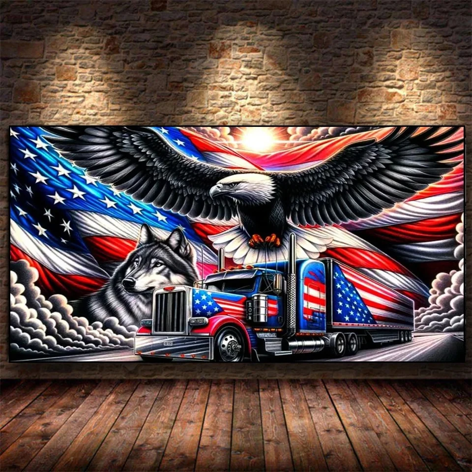 Large 5D DIY Full Diamond Painting Sunrise Farm Truck Eagle Wolf Landscape Cross Stitch Diamond Mosaic Embroidery Home Decor