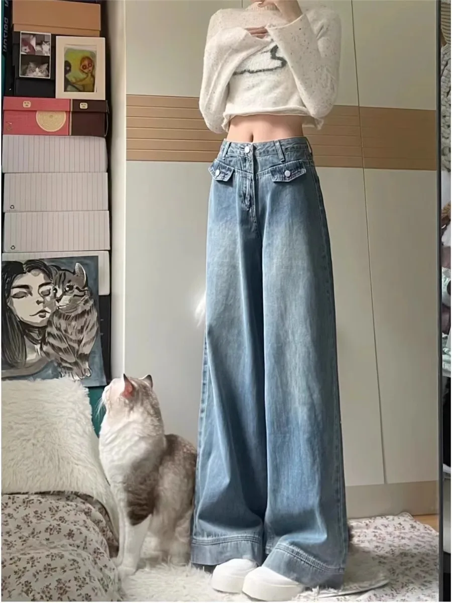 

American Retro High Waist Straight Leg Jeans Women Summer Loose Slimming Drape Design Wide Leg Pants Versatile Casual Cotton ...