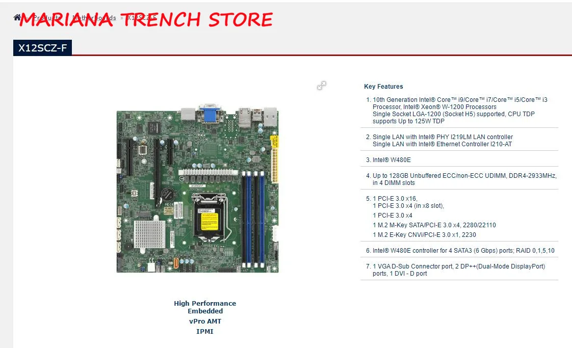 X12SCZ-F for Supermicro High Performance Embedded Motherboard 10th Gen. Core i9 i7 i5 i3 Xeon W-1200 Processors