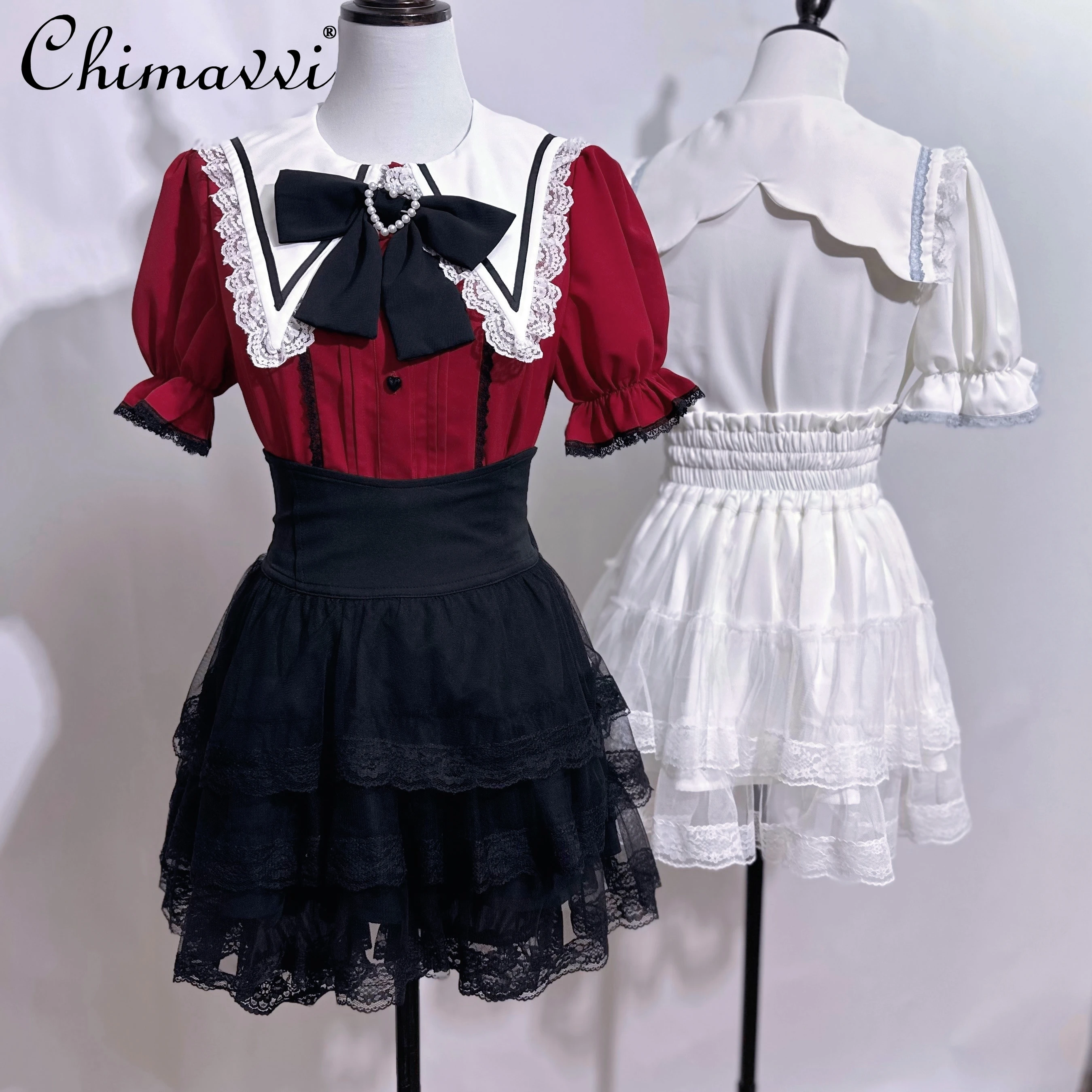 Original Mine Series Mass-Produced Sub-Culture Water Color Red and White Blouse Japanese Sweet Girl Short Sleeve Lolita Shirts