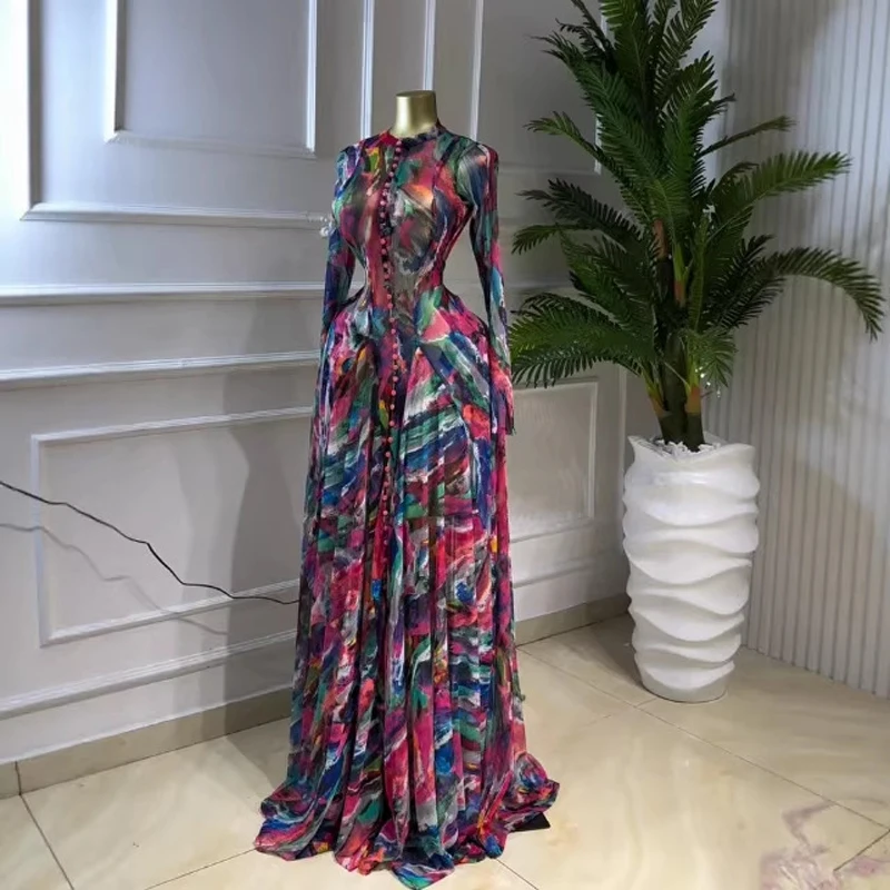 Wunderschöne Bedruckte Damenkleider mit Langen Ärmeln und Knopfleiste Vorne, Luxuriöses Maxikleid, Trendiges 2026 Party- und Abendkleid, Urlaubskleid, Langes Swing-Kleid – Detail 5
