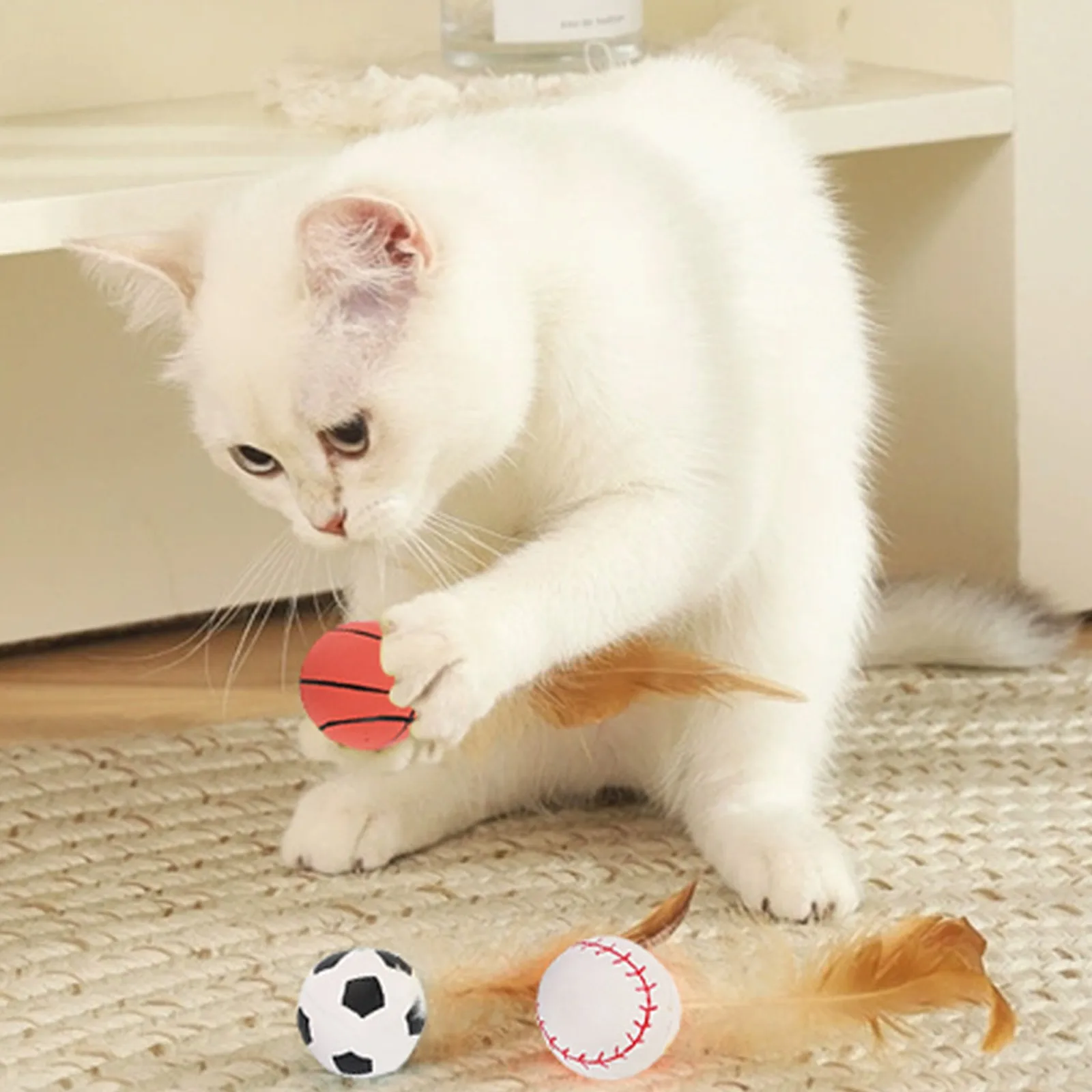 Balles de jeu en plumes pour chat, style sportif, 3 pièces, jouets interactifs doux pour chatons, résistants aux morsures, pour divertissement quotidien en intérieur