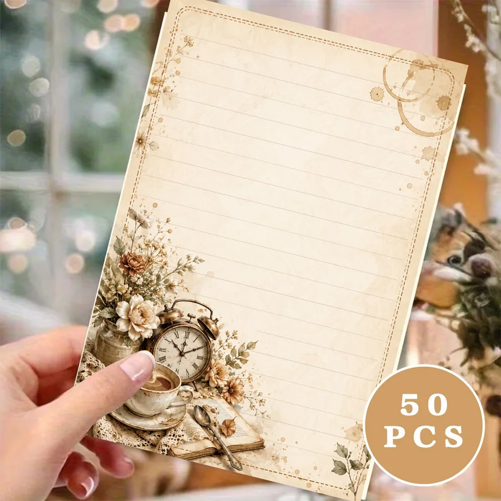 50 Sheets, Retro Coffee Alarm Clock Dried Flowers Writing Paper, Lined, Glue-free, Perfect For Notebooks, Memos, And Stickers