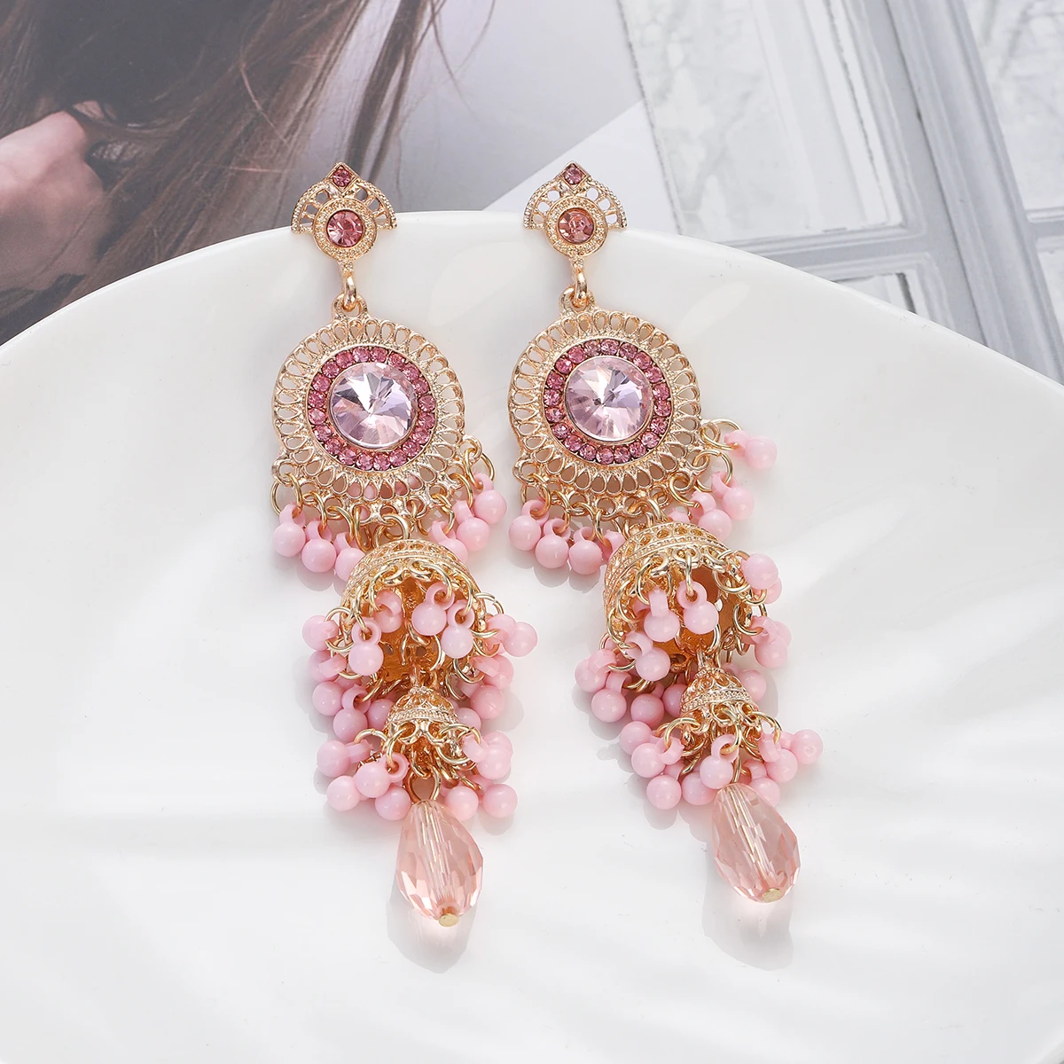Vintage New Pink Crystal Round Drop Earrings for Women Luxury Gold Plated Multilayer Bell Tassel Earrings Jewelry Brincos 2024