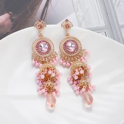 Vintage New Pink Crystal Round Drop Earrings for Women Luxury Gold Plated Multilayer Bell Tassel Earrings Jewelry Brincos 2024