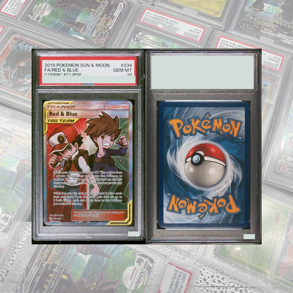 การ์ดสะสม DIY Proxy PTCG ระดับเกรด Cosmic Eclipse: Red & Blue Ash Gary Full Art Trainer 234/236 GEM MT10 พร้อมสติกเกอร์โฮโลแกรม