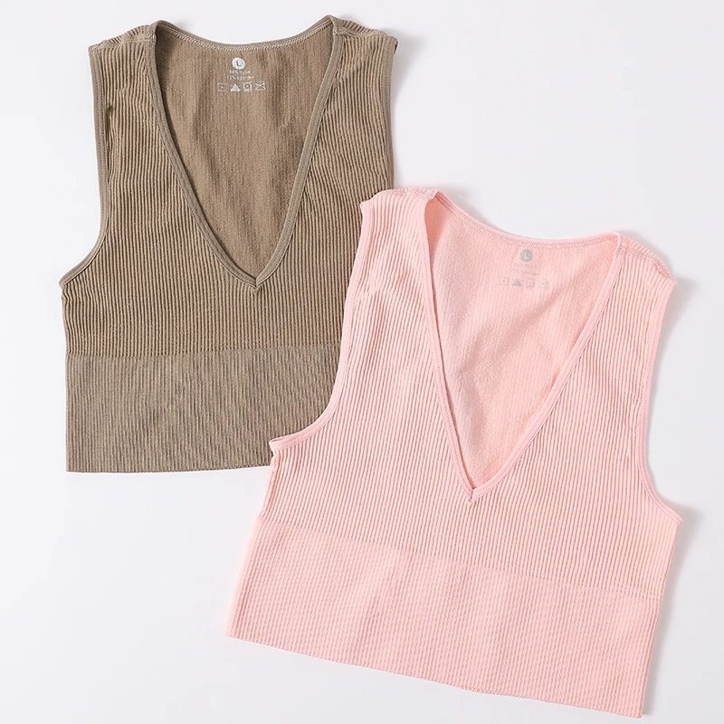 Femmes haut court soutiens-gorge de sport débardeur Sexy femme sous-vêtements sans couture col en v Camisole Lingerie Sexy couleur unie gilet haut M-XL