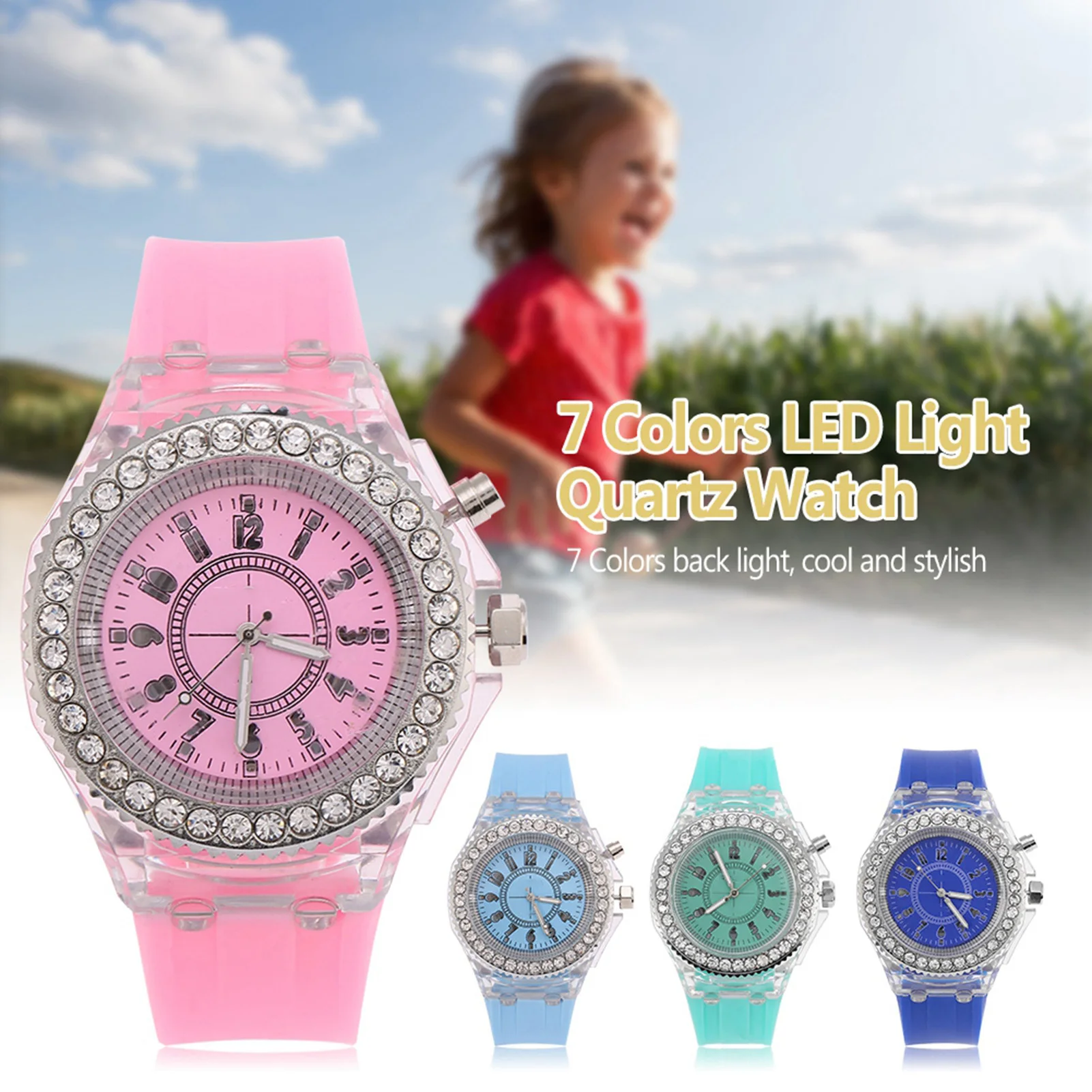 

Детские кварцевые часы с LED-подсветкой, 4 цвета, круглый циферблат, силиконовый ремешок, наручные часы для девочек