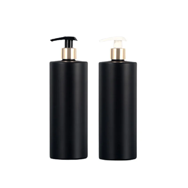 10Pcs Matte Black Plastic Bottle 300ml 500ml Flat Shoulder PET Black White Lotion Pump Gold Silver Collar Packaging Container