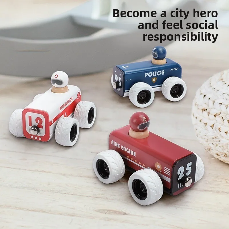 Lernspielzeug aus Holz für Kinder, Feuerpolizeiauto, Krankenwagen-Rückziehauto aus Holz, 1–3 Jahre altes Baby