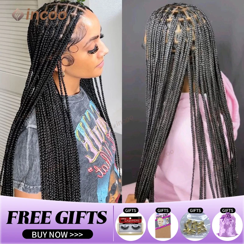 Perucas trançadas sintéticas para mulheres negras peruca cheia do laço trança africano caixa sem nós tranças de cabelo perucas dianteiras do laço barato tranças cornrow