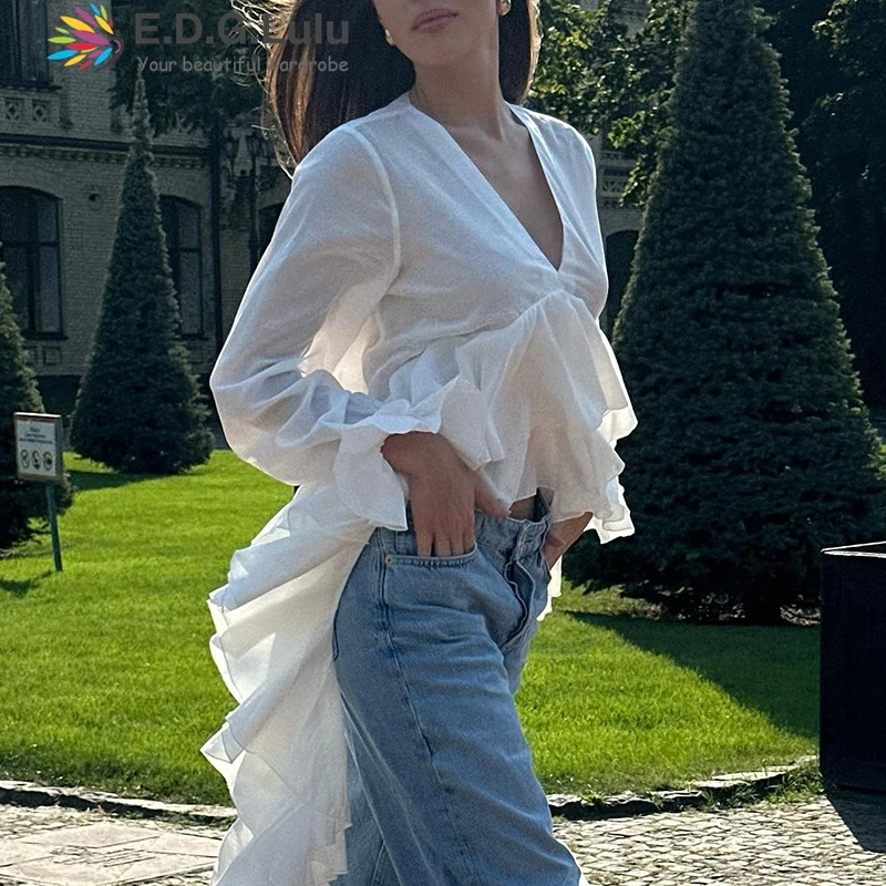 

EDGLuLu 2025 Summer New V-Neck Long Sleeved Loose Shirt Women's Beach Vacation Design Irregular Ruffle White Top 0830