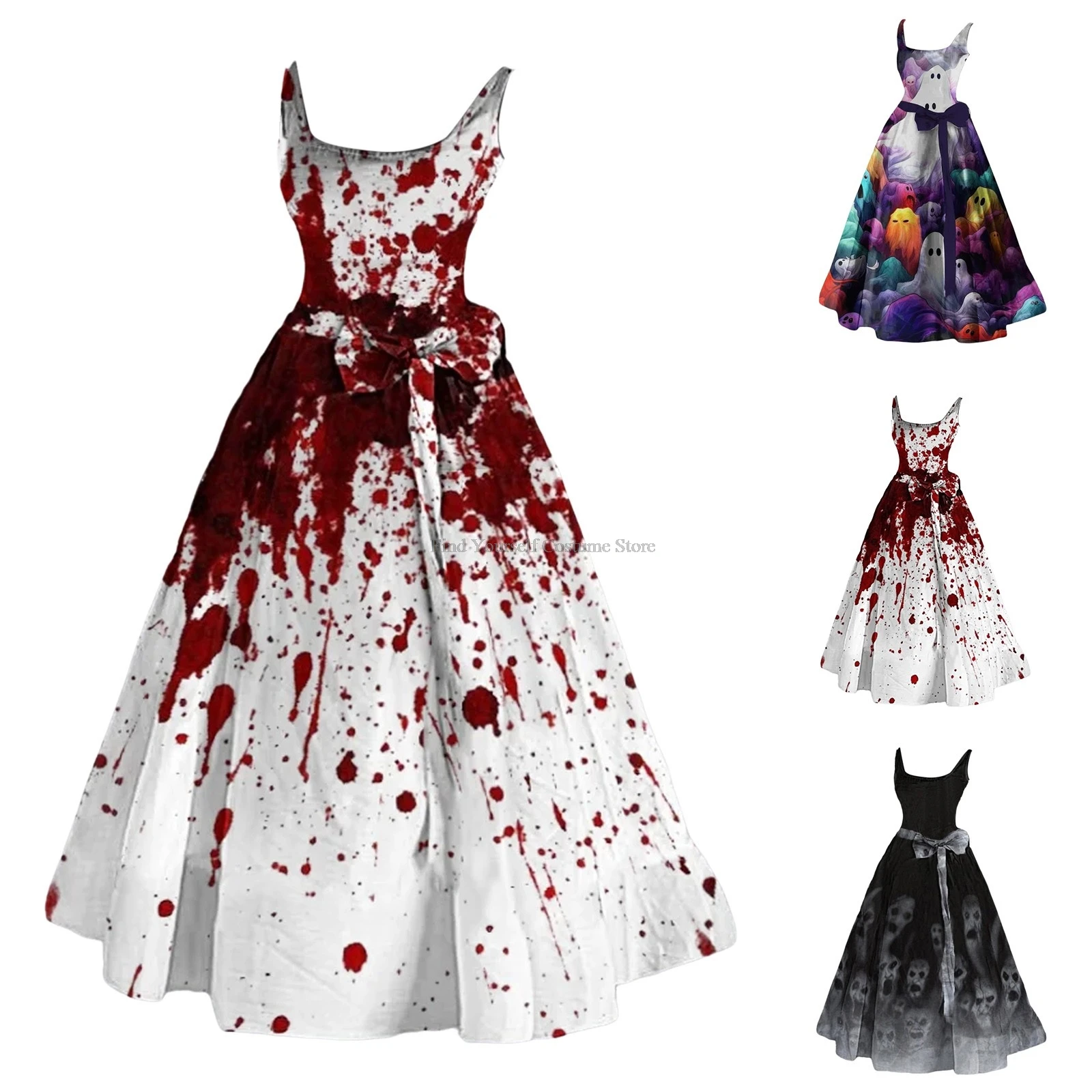 Trajes assustadores de Halloween feminino, vestido de baile para mulheres, estampado ensanguentado queimado, túnica sem mangas inchada, vestido de coquetel, vestidos para convidados