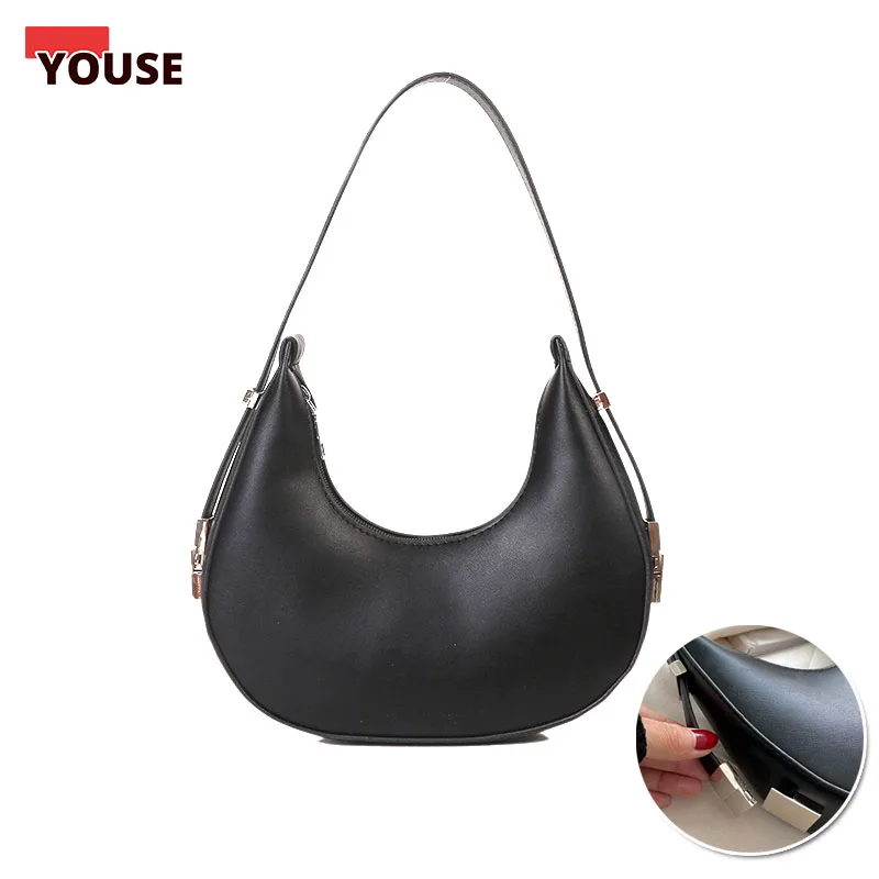 

French Niche Crescent Bag Simple Rivet Zipper Shoulder Bag for Women PU Hobo Bag Small Clutch Handbag Female Underarm Bag