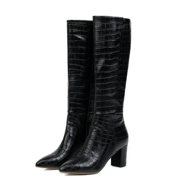 Yellow Navy Blue Crocodile PU Skin Leather Knee-high Riding Equestrian Botas Women Winter Shoes Block High Heels Western Boots