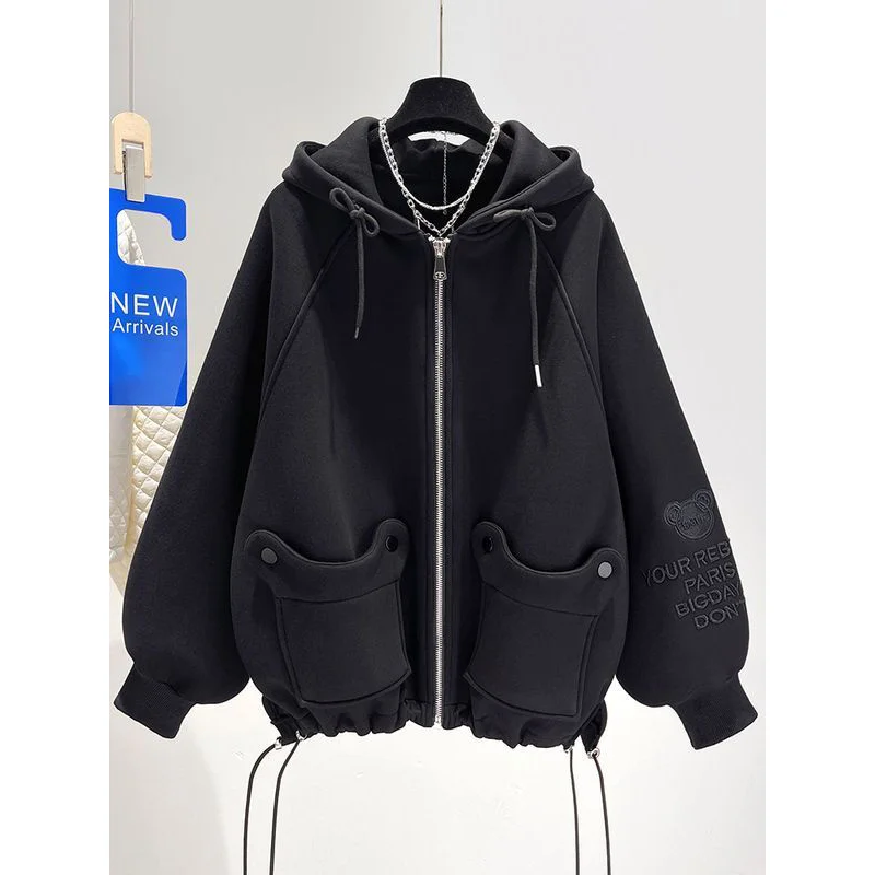 JHJN  Fashion Trend Simple Solid Solid 3D Letter Pocket Long Sleeve Loose Relaxed Oversized Ear Hooded Coat