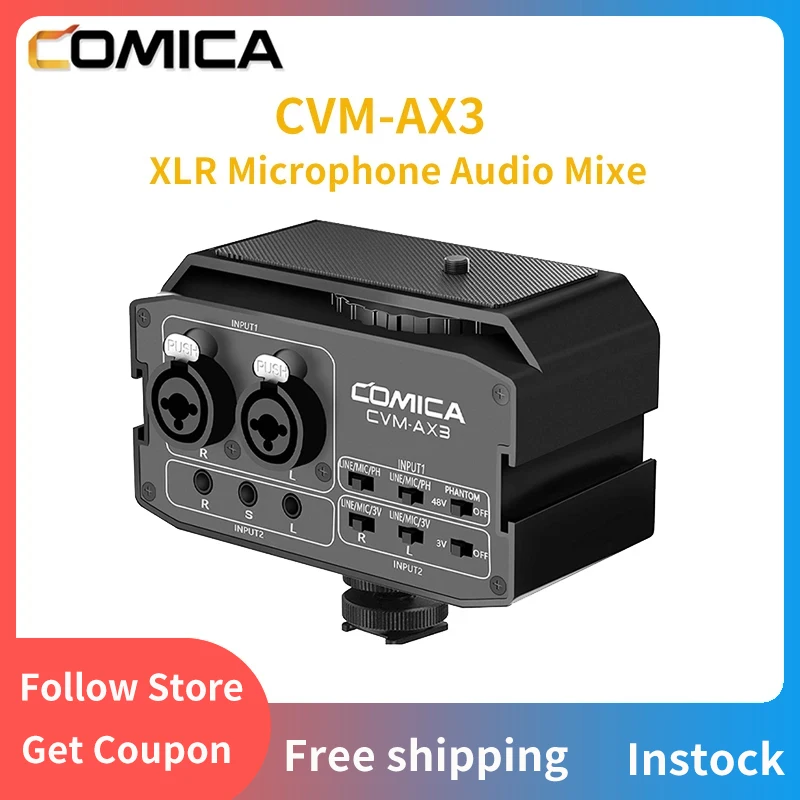 

Comica CVM-AX3 XLR Microphone Audio Mixer, Dual XLR/3.5mm/6.35mm Port Camera Preamp With Real-time Monitoring For DSLR Camera