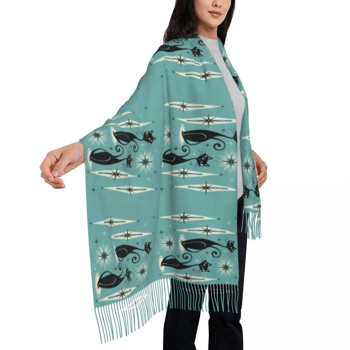 Stylish Mid Century Meow Black Cats Tassel Scarf Women Winter Warm Shawls Wraps Female Abstract Geometric Scarves