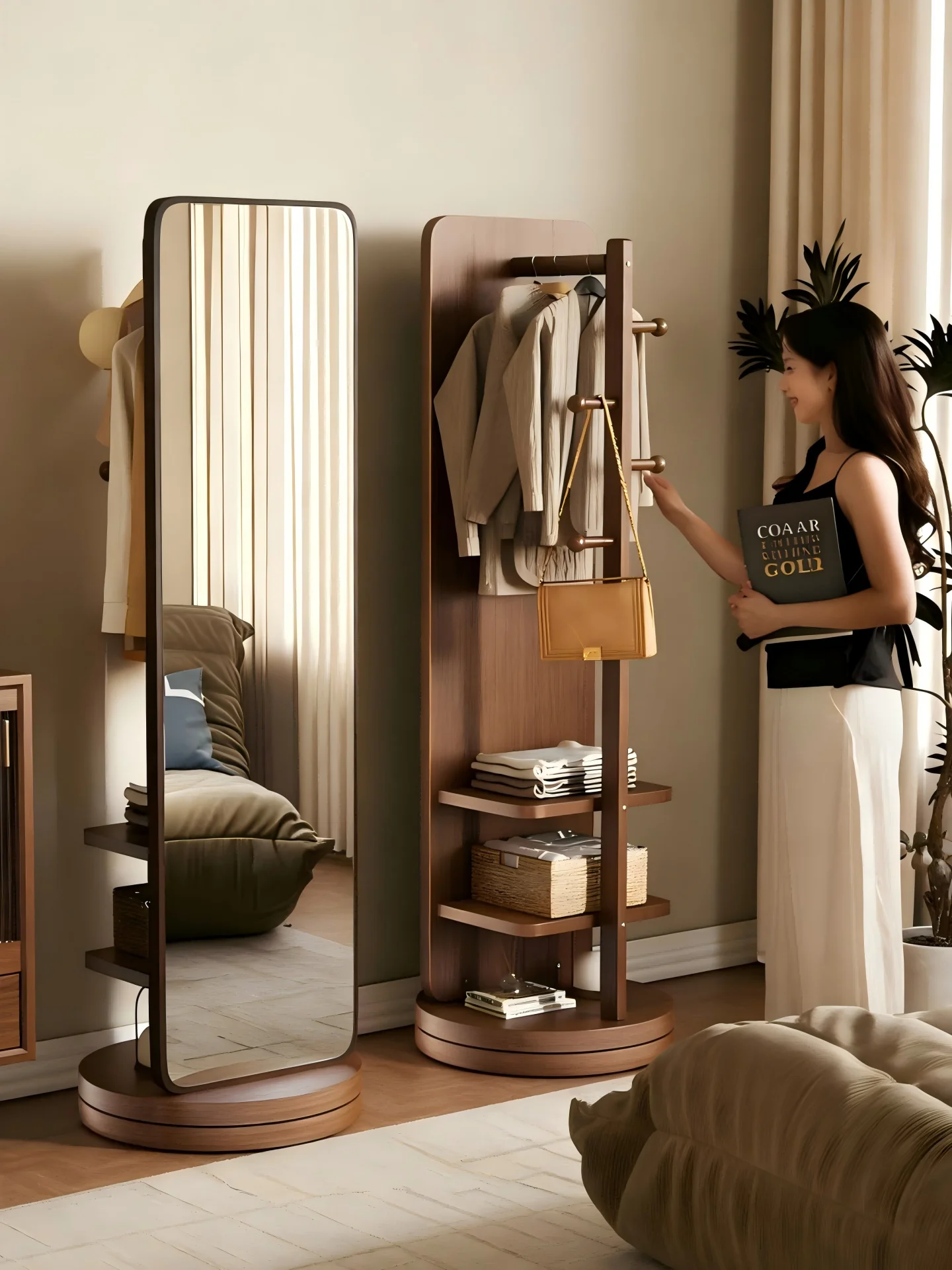 

Rotating dressing household floor mirror Movable fitting mirror Bedroom clothes hanger Hat rack Integrated whole body mirror