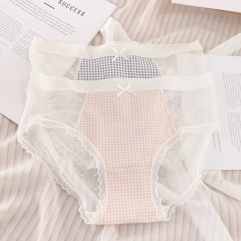 

Fresh Plaid Printed Mesh Panties Sexy Lady Seamless Design Elastic Within 60.00kg