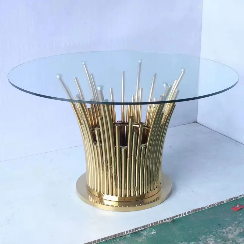 

Light luxury round glass dining table, modern simple stainless steel household dining table, living room small apartment