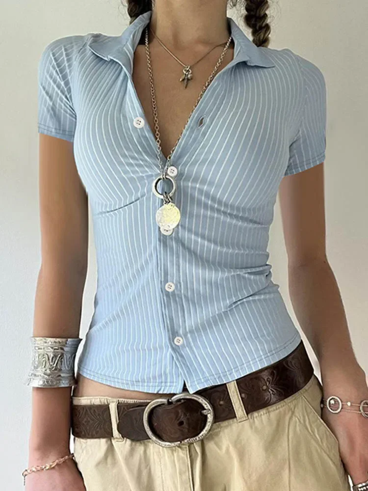 

Blue Stripe Short Sleeve Shirts For Women Button Up Turn Down Collar Slim Simple Casual Preppy Tops Basic Summer Tees