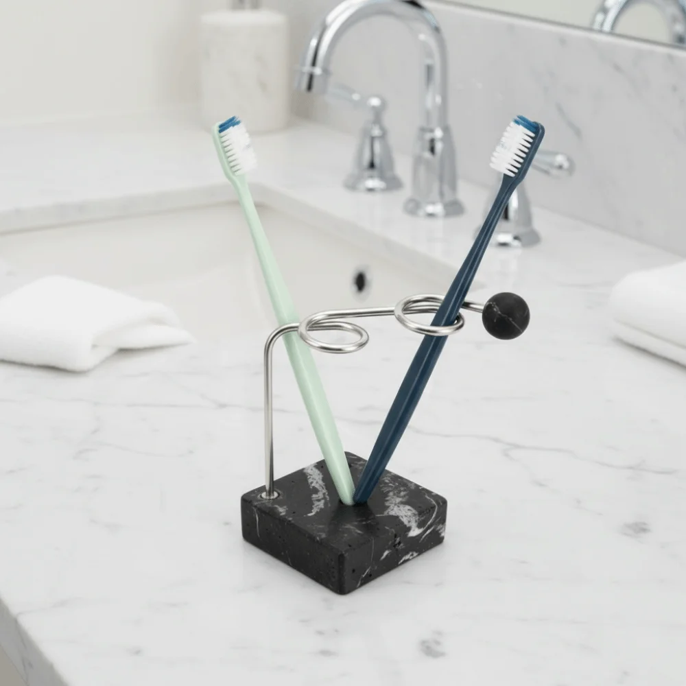 

Stainless Steel Bracket Minimalist Toothbrush Holder Resin Base 2 Hole Modern Tooth Brush Organizer Ventilated
