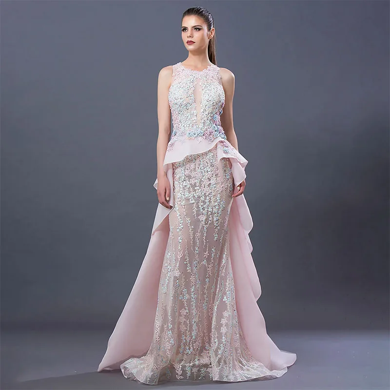 Fashion Pink Evening Dresses Sleeveless Illusion Appliqued Beads Formal Prom Gowns Sweep Train Party Pageant Dress