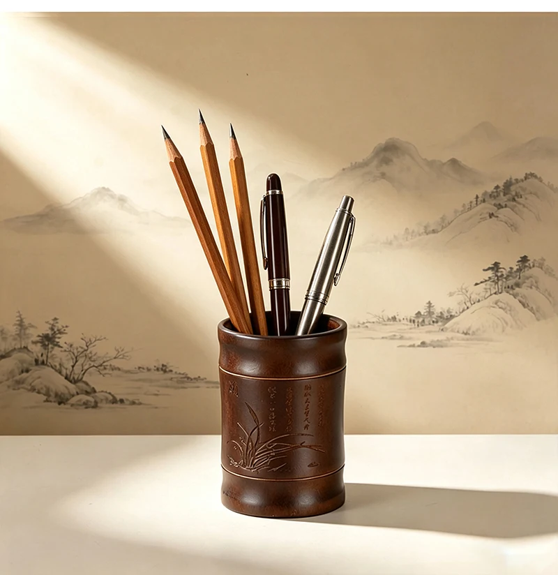 Natürlicher Bambus-Stifthalter im Retro-Stil mit chinesischer Schnitzerei, Aufbewahrungsbox für Tintenstifte, Schreibtisch-Organizer für Schreibwaren, Büro- und Schulbedarf – Detail 6