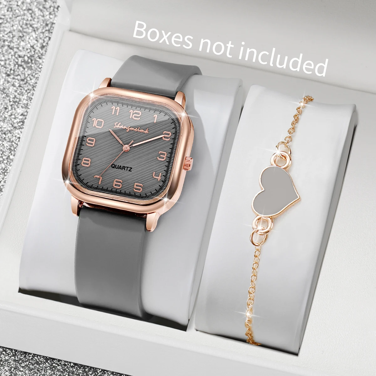 

2 шт. модных женских часов с квадратным арабским циферблатом, комплект с браслетом в форме сердца, повседневные кварцевые часы с силиконовым ремешком, Reloj Mujer (без коробки)