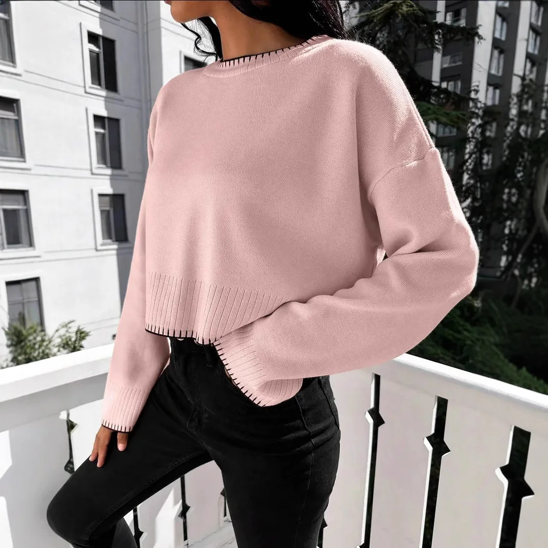 

Pullovers Women Short Tops Sweaters Knitted Round Neck Full Sleeve Jumpers Work Y2k Streetwear Elegant Splice Knit Autumn Winter