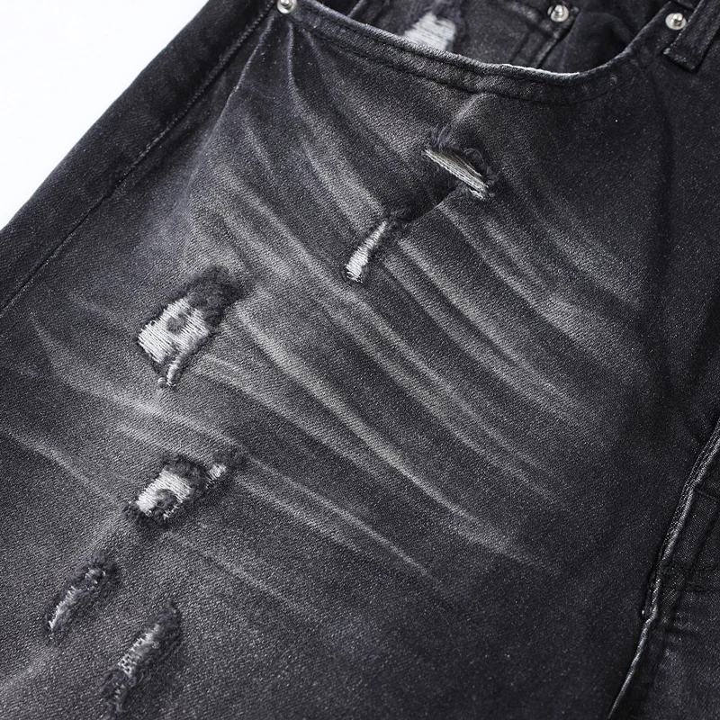 Y2KStreet Fashion New Men's Black Grey Jeans Washed Nostalgic Perforated Green Leather Patch Jeans Designer Hip Hop Brand Pant