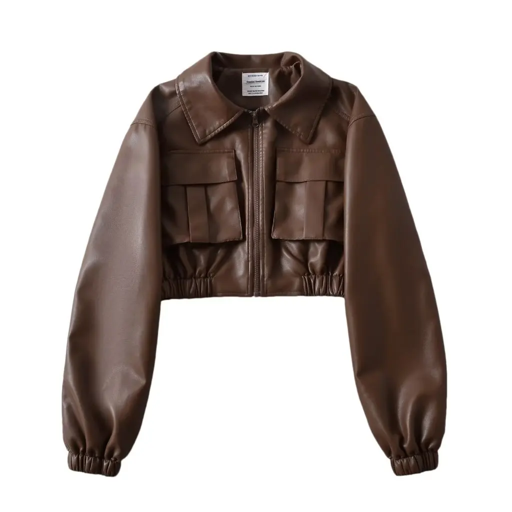 レディース アメリカンスタイル フライトジャケット PUレザー ショートジッパー ラペルコート 立体的な大きなポケット付き トレンディトップ