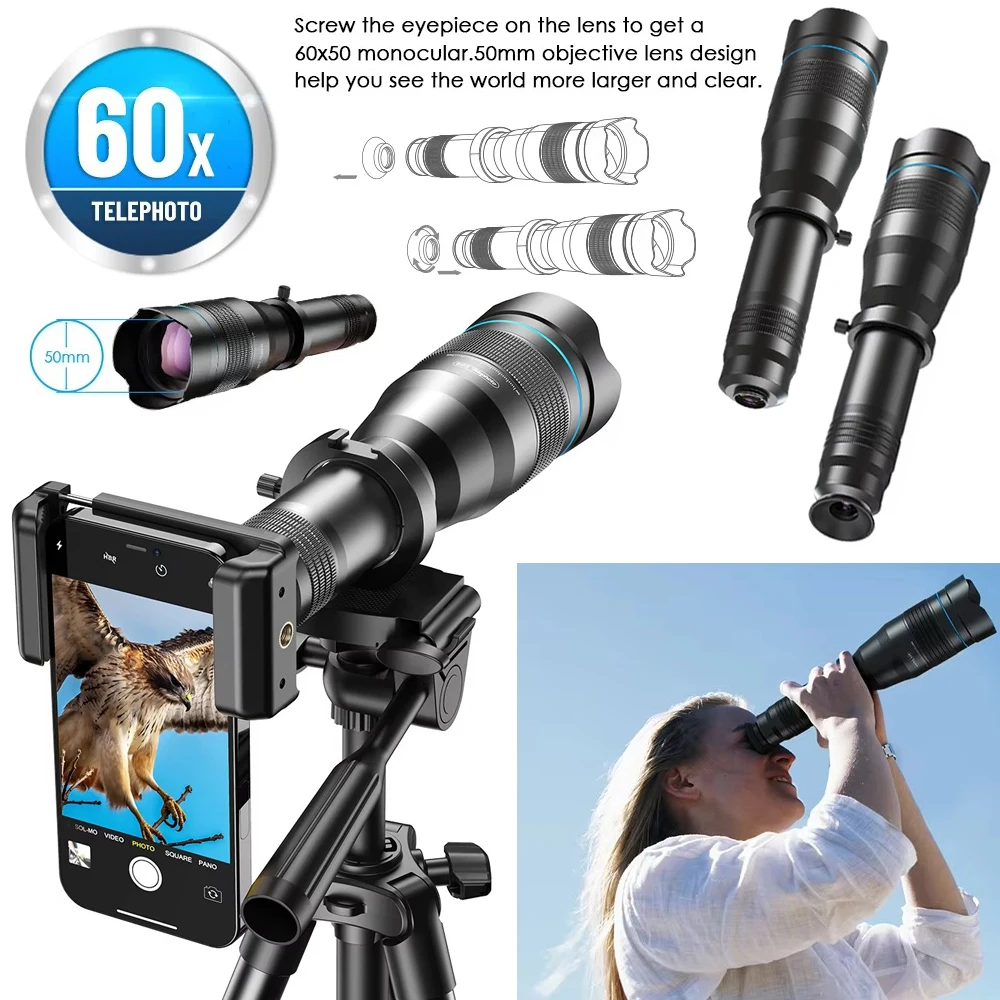 

Optics HD 60X Zoom Telephoto Lens With Tripod for iOS Android Smartphone Outdoor Travelling Photography Monocular Telescope Lens