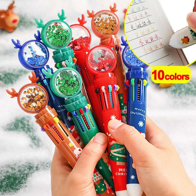 

Cute Christmas Ballpoint Pen Cartoon 10 Colors Reindeer Sequins Color Hand Ledger Pen Tool Doodle Pen Toys Christmas Themed Gift