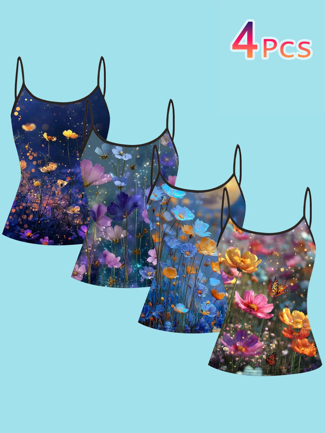 4-Piece Set of Women's Spaghetti Strap Camisoles with Night Sky, Wildflowers, Butterflies, Moonlight, and Dreamy Oil Painting Prints, Slim-Fit Sleeveless Tops