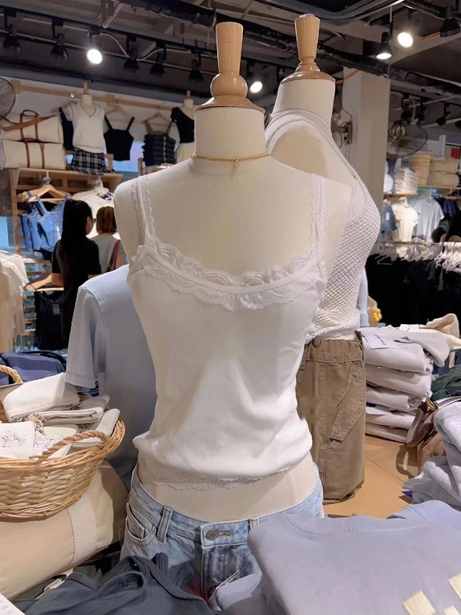

Lace Trim Slim Sweet Crop Top Woman Summer Sleeveless Soft Cotton Solid Simple Vest Female Cute Preppy Style Basic Tank Tops Y2k