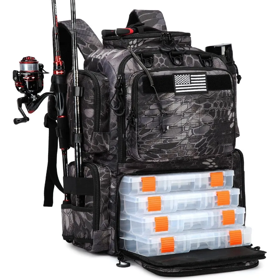 กระเป๋าเป้ตกปลาแบบยุทธวิธี ทนทาน พร้อมกล่องใส่อุปกรณ์ ที่วางคันเบ็ด ที่ใส่ขวดน้ำ ความจุ 50 ลิตร กระเป๋าใส่อุปกรณ์ตกปลาขนาดใหญ่ จัดเก็บอุปกรณ์และเครื่องมือ