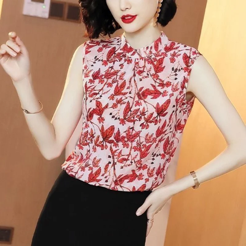 2024 New Summer Korean Commuting Minimalist Fashion Slim Fit Blouses Sleeveless Standing Neck Printed Button Women\'s Shirt Top