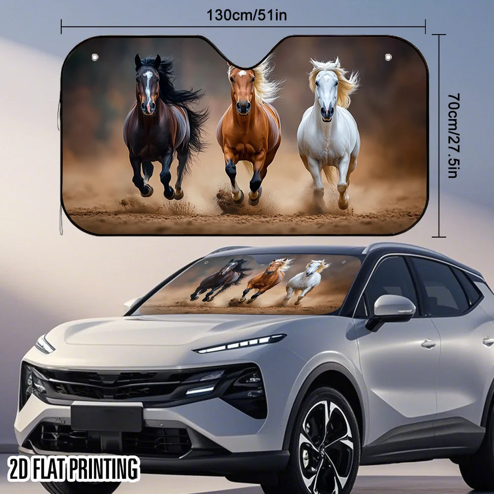 1pc 2D Flat Running Horses In The Sand And Dust Design Car Sunshade – Stylish & Efficient, Keeps Your Vehicle Cool, Includes 4 S