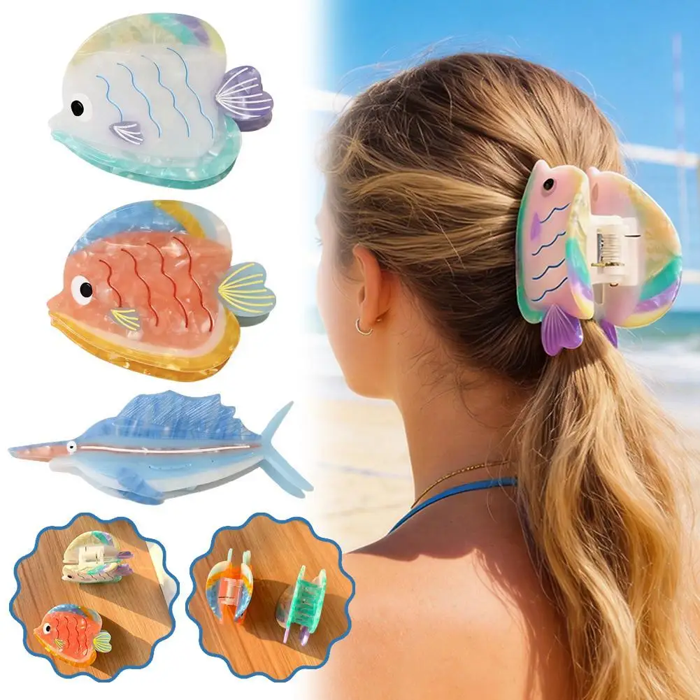 

Cute Cartoon Ocean Fish Hair Claw Colorful Acetic Acid Marine Animals Hairpin Summer Ocean Style Hair Clip Shark Clip 핀