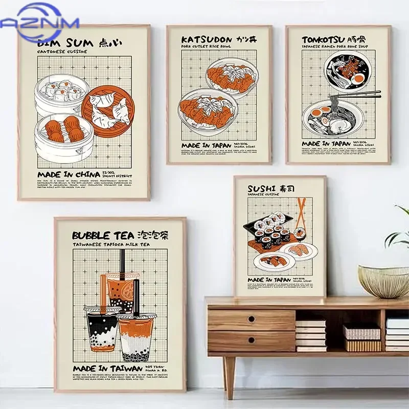 Japanese Dim Sum Sushi Sashimi Ramen Wall Art Print Nostalgic Retro Food Trendy Modern Bubble Milk Tea Poster Home Kitchen De